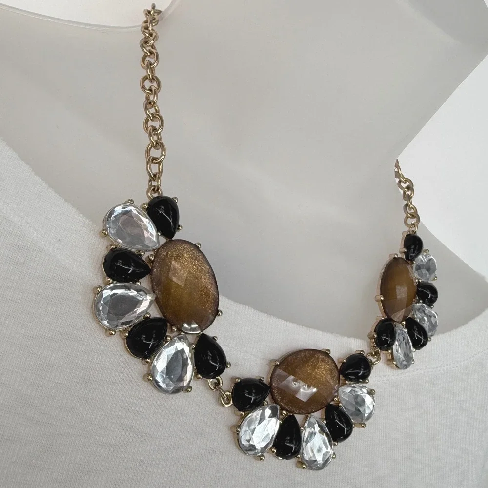 Gold Tone Statement Chunky Bib Necklace‎ Amber Black Clear Faceted Stones 103-08